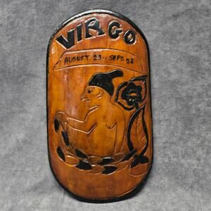 Primitive Handmade Wooden Virgo Astrological Zodiac Sign Horoscope Wall Plaque